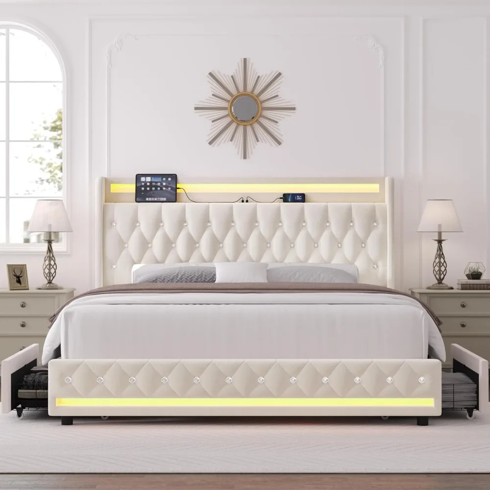 bedstead, with Charging Station and 4 Storage Drawers, Velvet Upholstered Platform Bed with Headboard, Metal Frame, bedstead 3