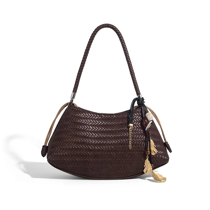 Handmade Weave PU Drawstring Tote Bags For Women Luxury Designer Handbags Purse 2025 New Vintage With Inner Pocket Shoulder