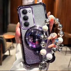 Shockproof Glitter Pony Bracket Beaded Bracelet Phone Case Cover for Redmi 14C (Purple)