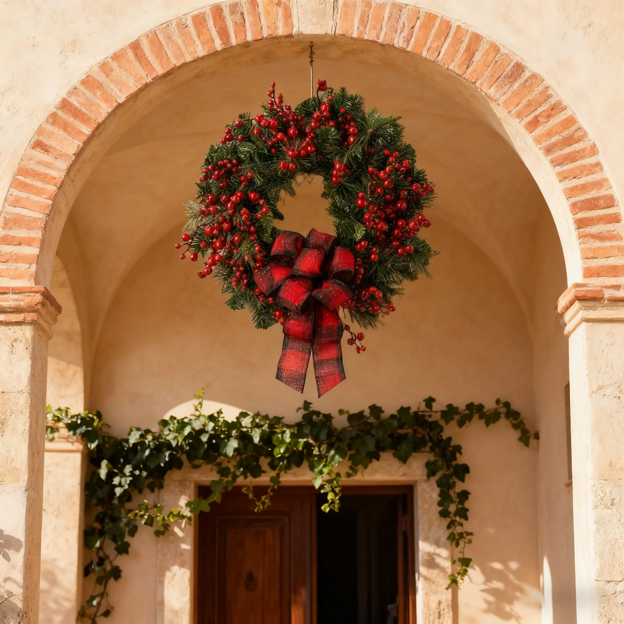 1 Stück 15,75 Zoll Weihnachtskranz mit roten Früchten, geeignet als Türdekoration, Heimdekoration, Simulationsblumenkranz_voghion.com