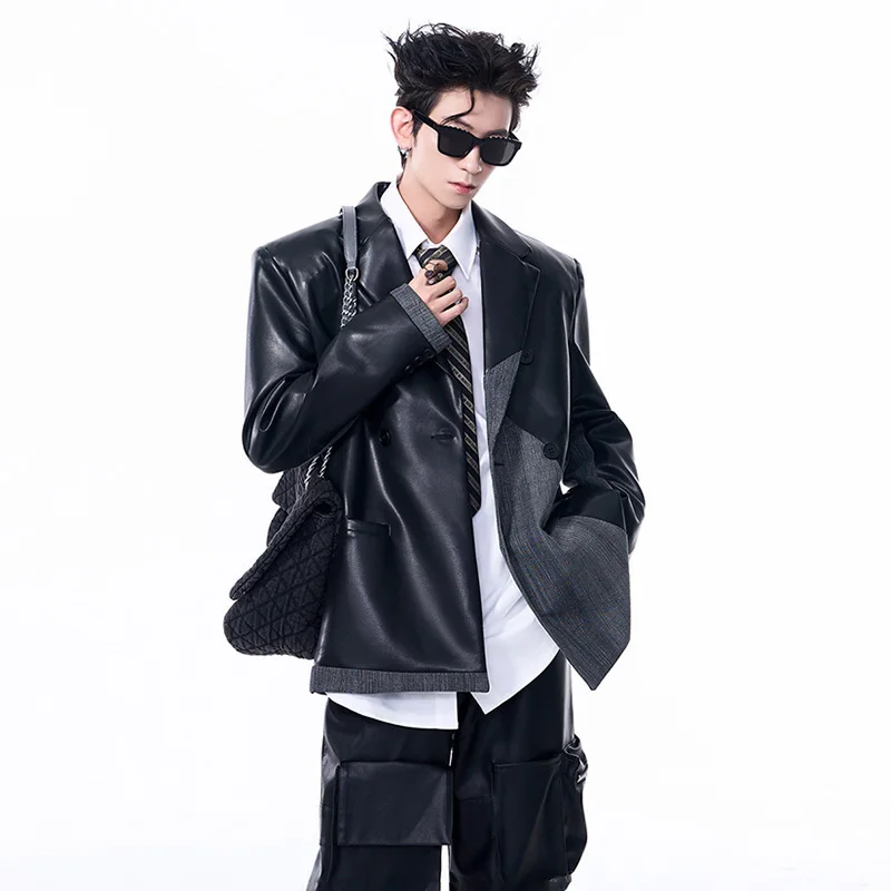 LUZHEN Faux Leather Patchwork Denim Shoulder Padded Suit Jacket Men's Autumn High-end Trendy Designer Street Blazer Coats LZ6993