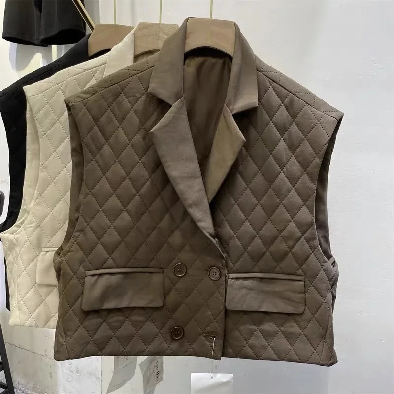 

Cotton Diamond-Shaped Vest Women's 2023 Autumn New Loose Casual Suit Collar Short Jacket Waistcoat
