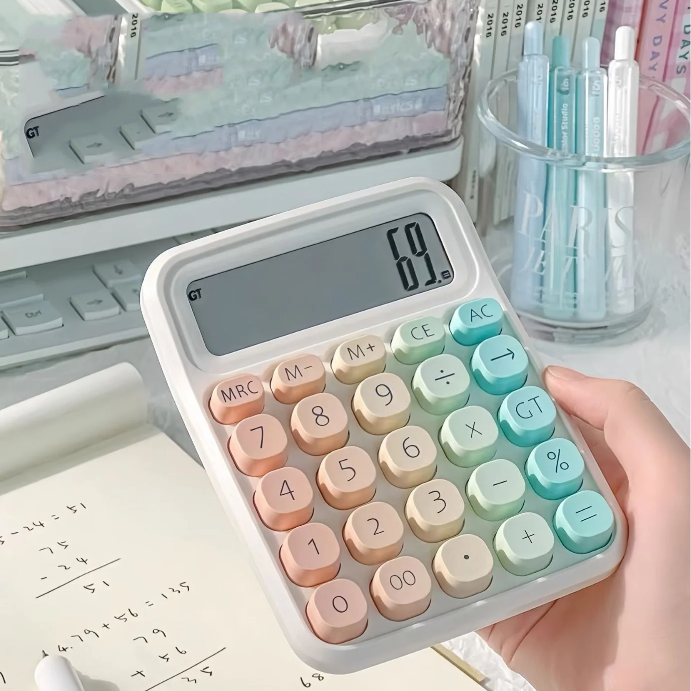 Color Macaron Gradient Large Screen Buttons for Computer Finance and Accounting Students Calculator Keychain 1Pcs