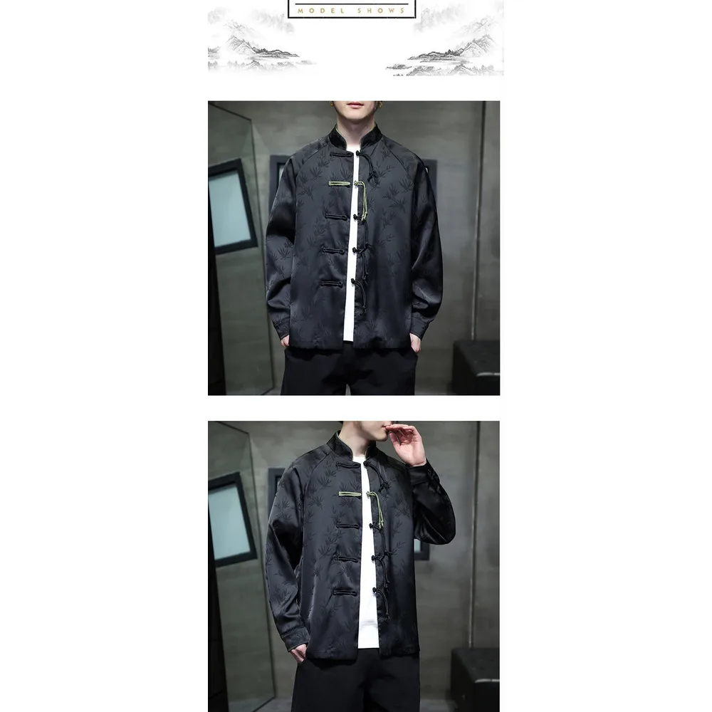 Black Hole Scenery Spring/Summer New Product Chinese Style Bamboo Leaf Silk Jacquard Long sleeved Shirt Button Standing_vogarts.com