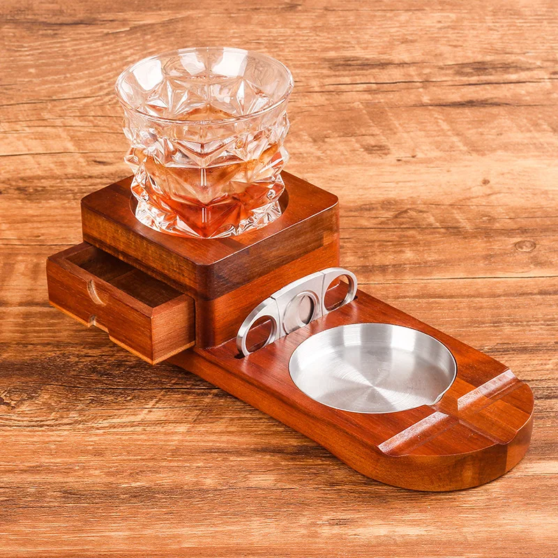 Cigar Ashtray, Wooden Ashtray, Whiskey Glass Holder With Drawers, Cigar Steel Groove