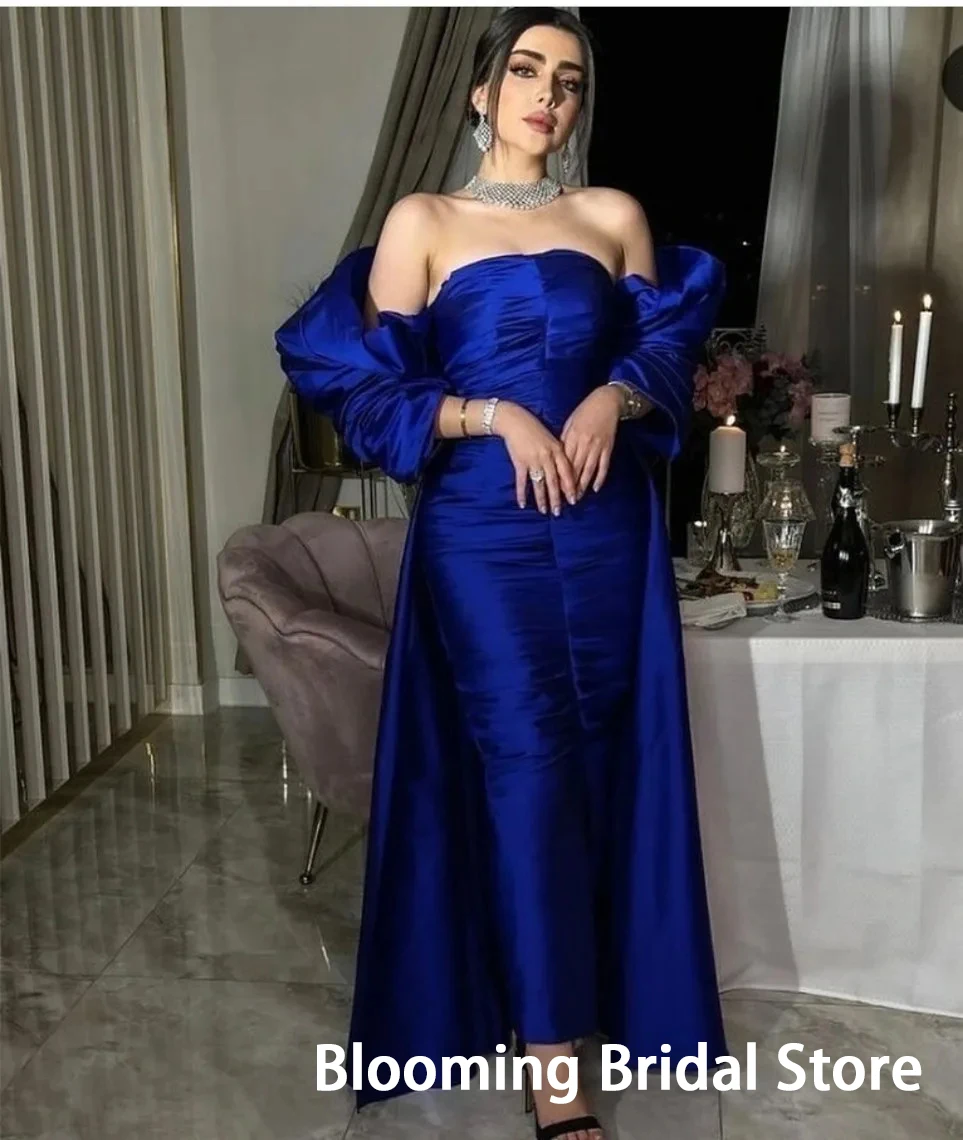 

Elegant Blue Evening Dress With Pleats Taffeta Natural Waist Floor Length Sheath فستان حفلات الزفاف