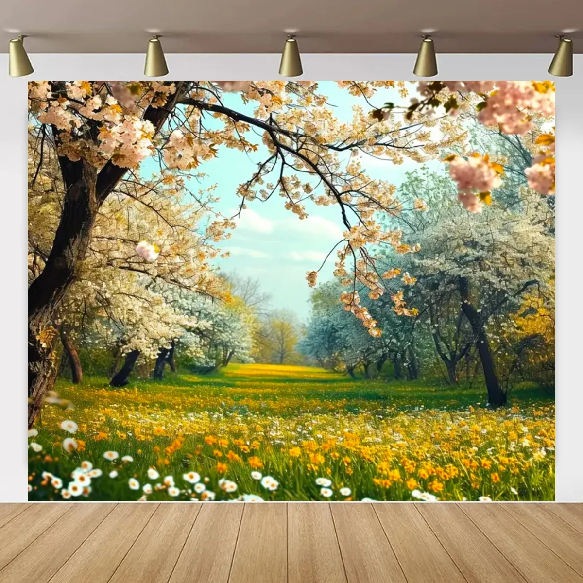 Spring Natural Flowers Background Window Landscape Garden Grassland Cherry Blossoms Banner Birthday Party Photography Props