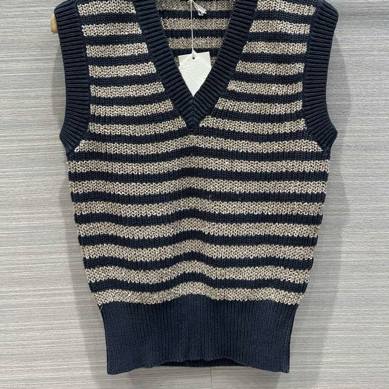 

High Quality Stripe Knit Vest Runway Designer Women V-neck Sleeveless Slim Casual Pullover Fashion All-match Tops 2023 Autumn