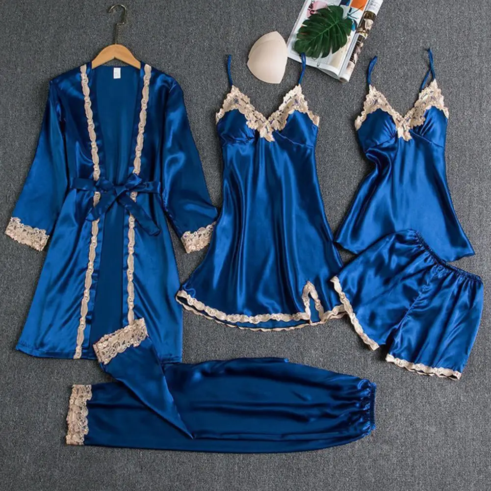 Silk-like Pajama Set Elegant Satin Lace Pajama Set Lace-up Waist 5-piece sleepwear sets pajama sets for Women Silky for Comfortable