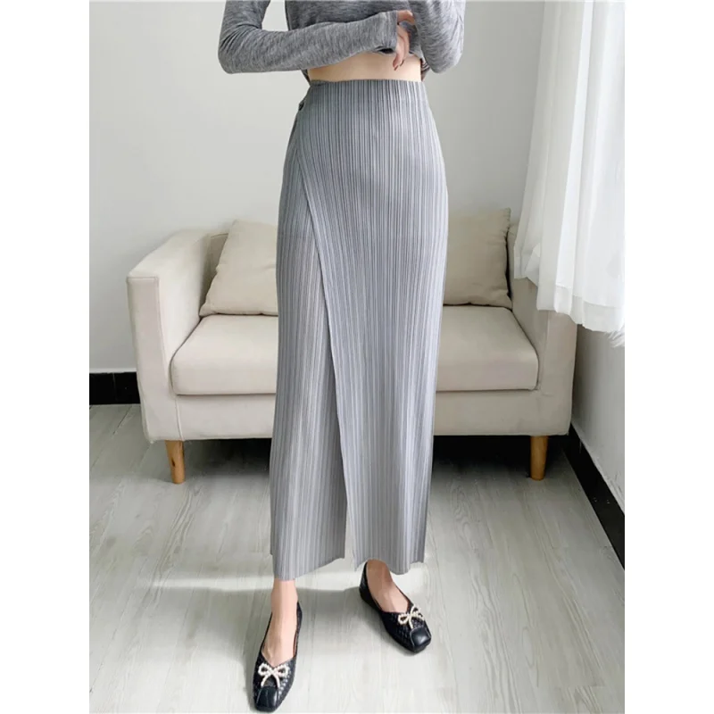 Miyake Women Pleated Solid Color Ankle-length Pants Elastic Waist Wide Leg Straight Female Trsouser Loose 2023 Summer