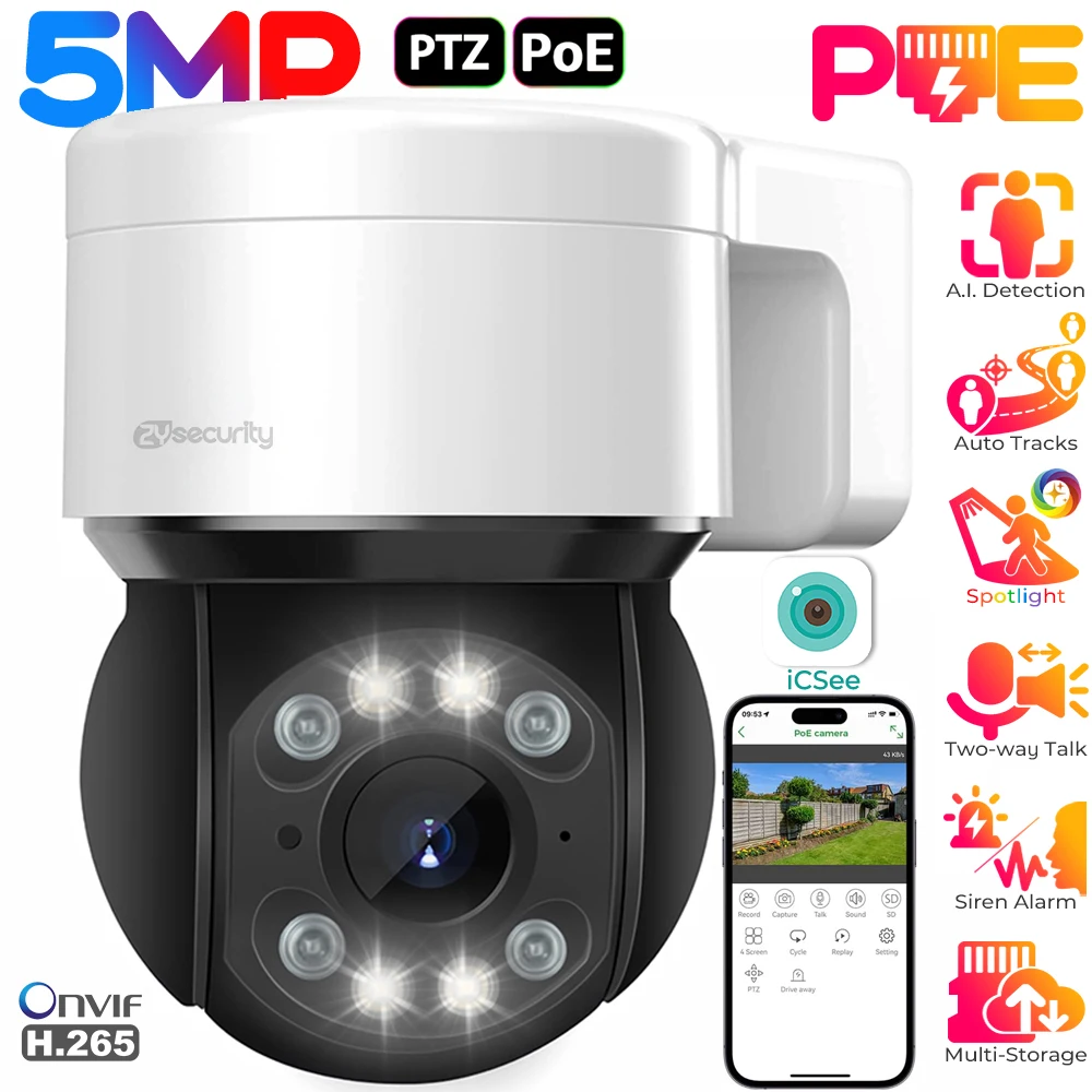 5MP PoE IP PTZ kamera açık renkli gece Wifi kamera iki yönlü ses Speed Dome kamera AI insan algılama CCTV gözetim kameraları