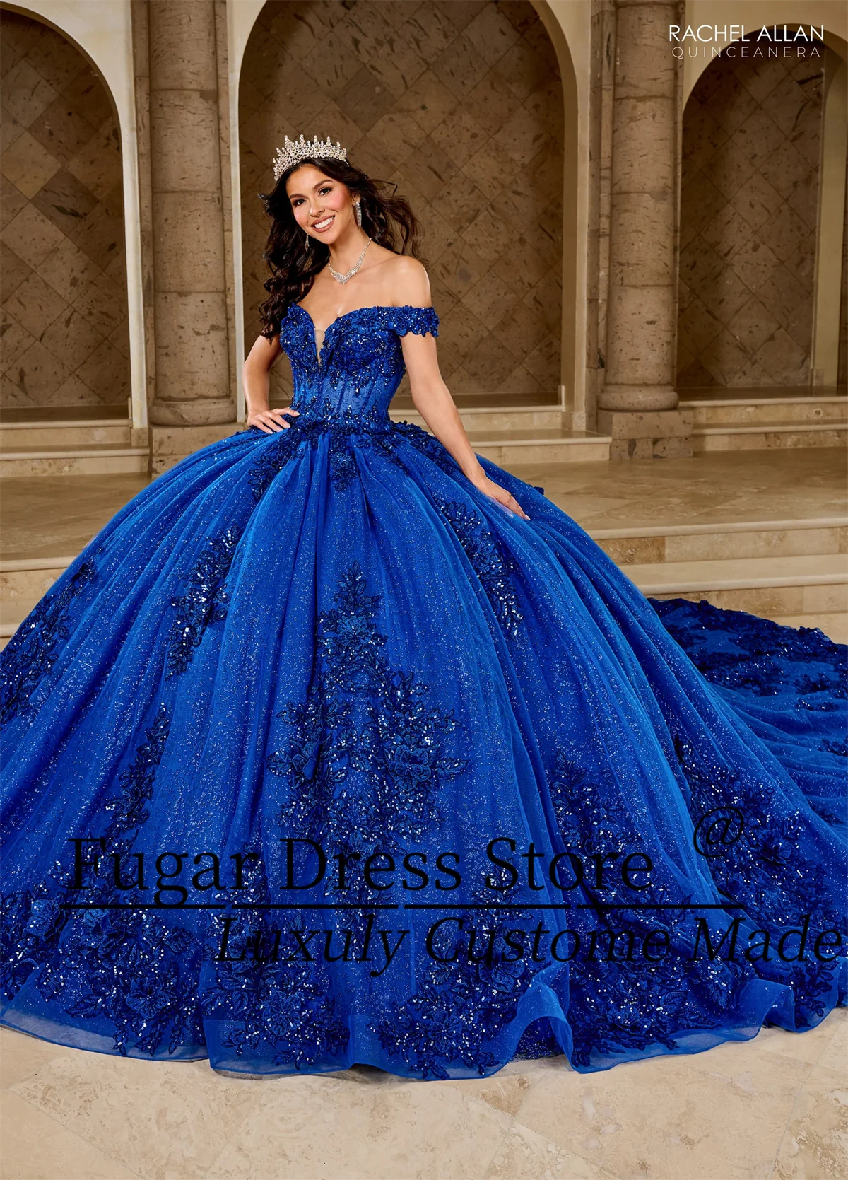 Luxuly Royal Blue Princess Quinceanera Dresses Embroidered Applique Long Off Shoulder Taffeta Vestidos De 15 Anos 24