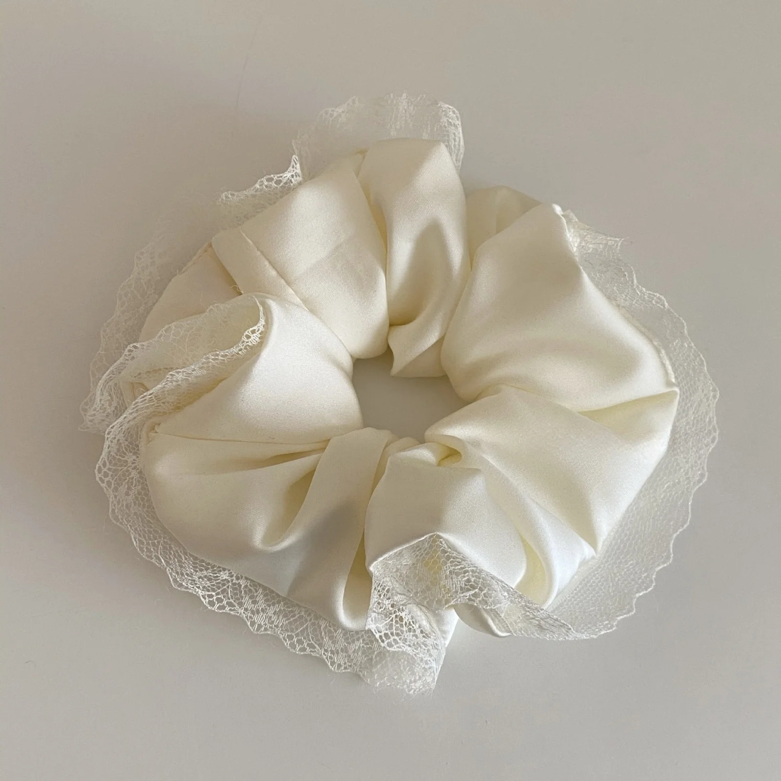 1PC Black and White Satin Hair Ties, Lace - Trimmed Scrunchies, Elegant Hair Accessories for Women's Daily Styling