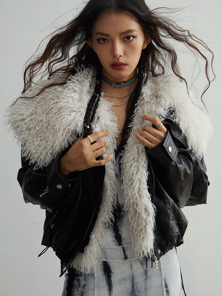 [EAM] Black Big Size PU Leather Jacket New Removable Fur Collar Long Sleeve Women Coat Fashion Tide Spring Autumn 2026 1DH2121