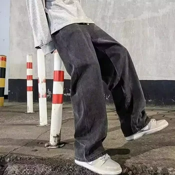 2025 New Streetwear Loose Jeans Men Korean Style Fashion Loose Straight Wide Leg Pants Men's Brand Clothing Black Light Blue 1
