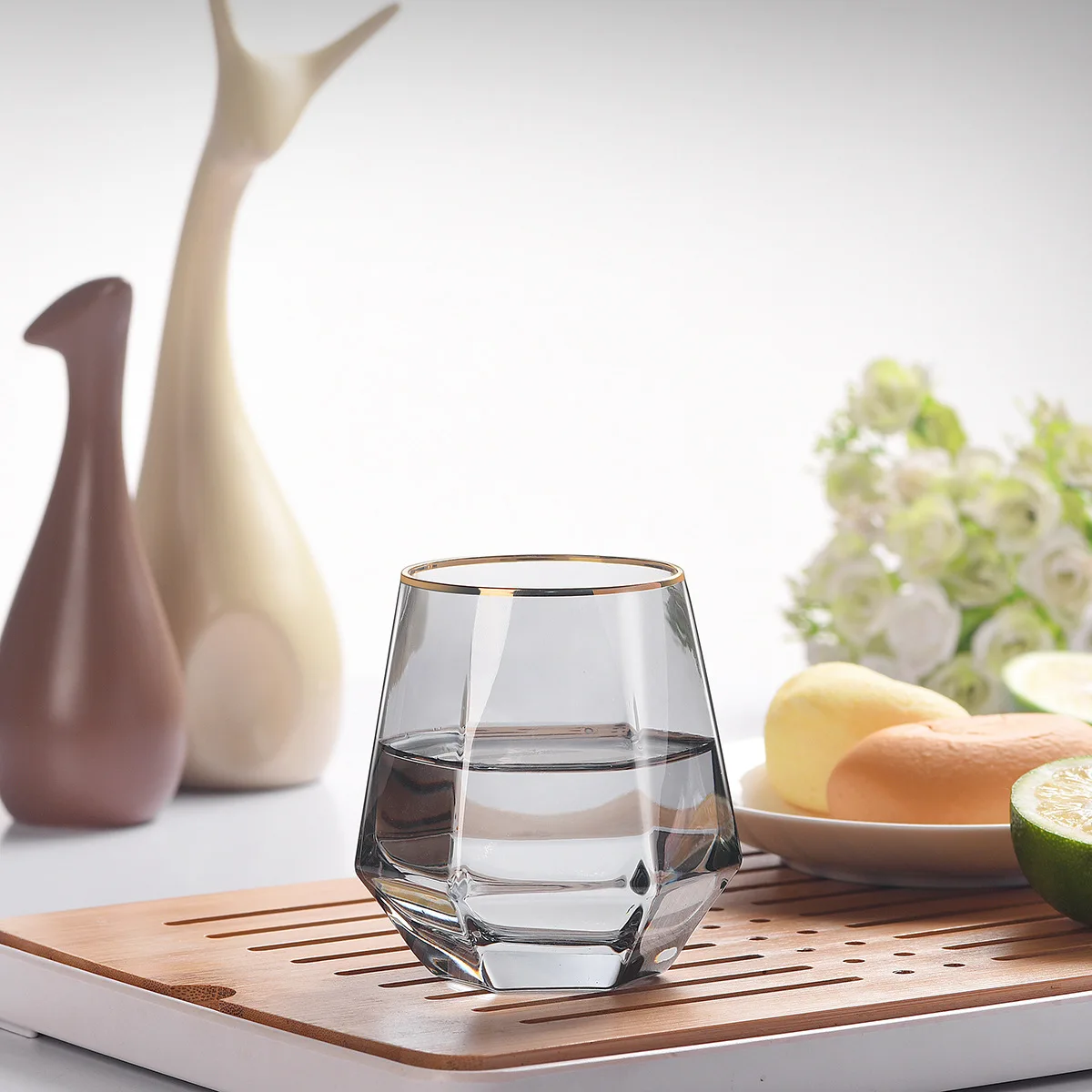 Diamond Shape Whiskey Glass Cup, Tumblers Water Glasses, Tumbler Cups with Gold Rim, Nordic Style, Factory , 280ml, 1 P