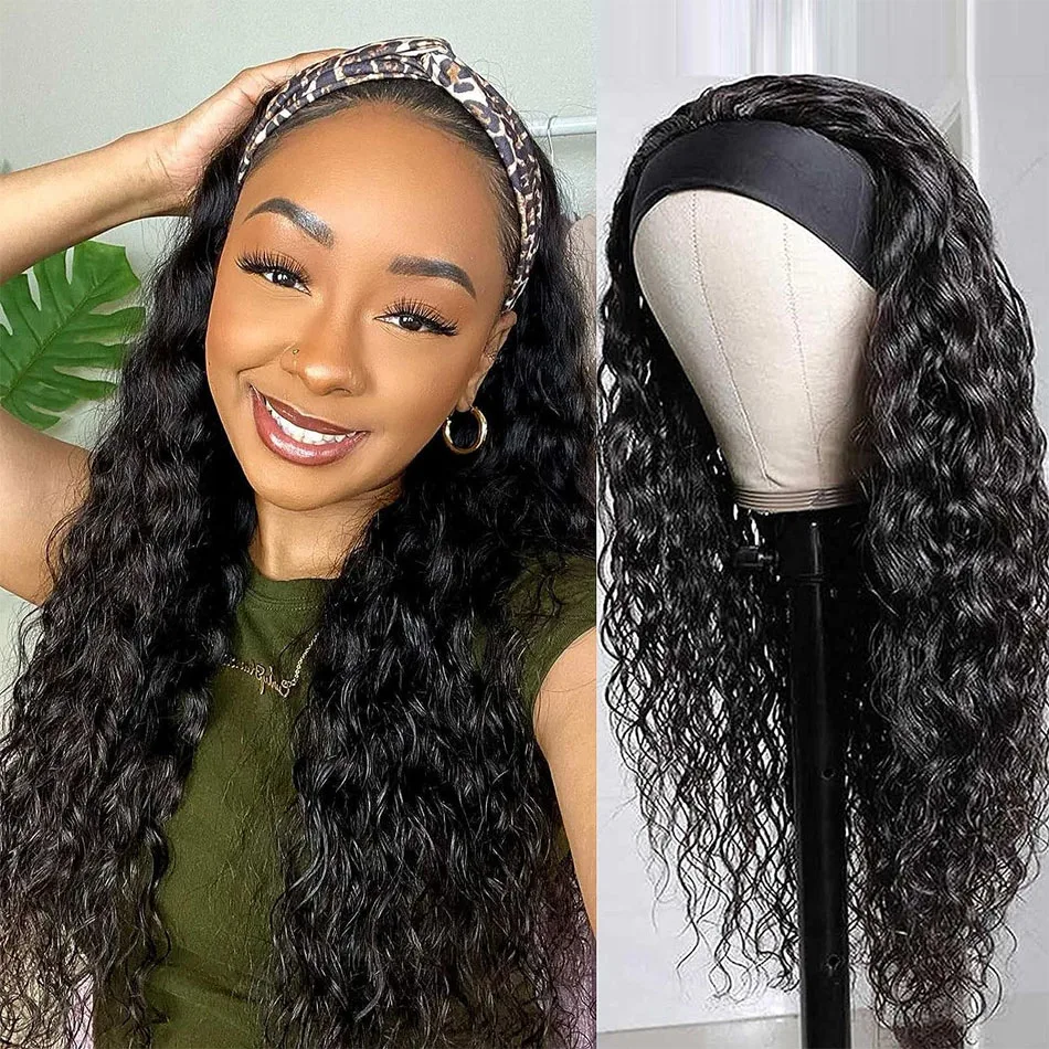

Glueless Water Wave Headband Wig Human Hair Wigs For BlackWomen Brazilian Scarf Wig 180Density Remy Curly Human Hair Wig On Sale