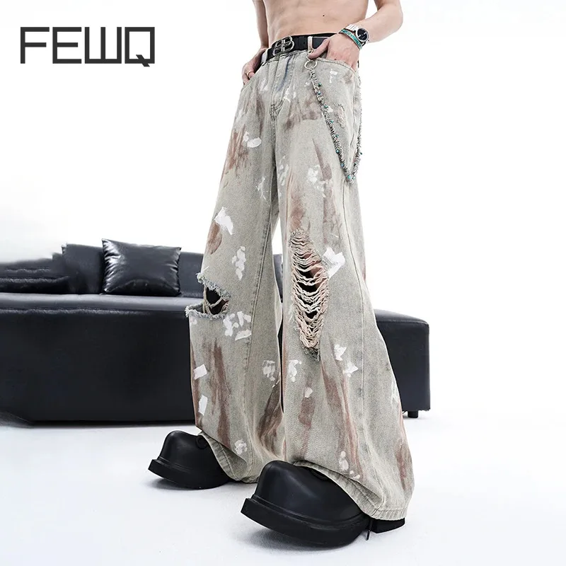 

FEWQ High Street Men Denim Trousers Summer New Loose Niche Design Ripped Jeans Individuality Bell-bottoms Tie-dye Holes 24X9085