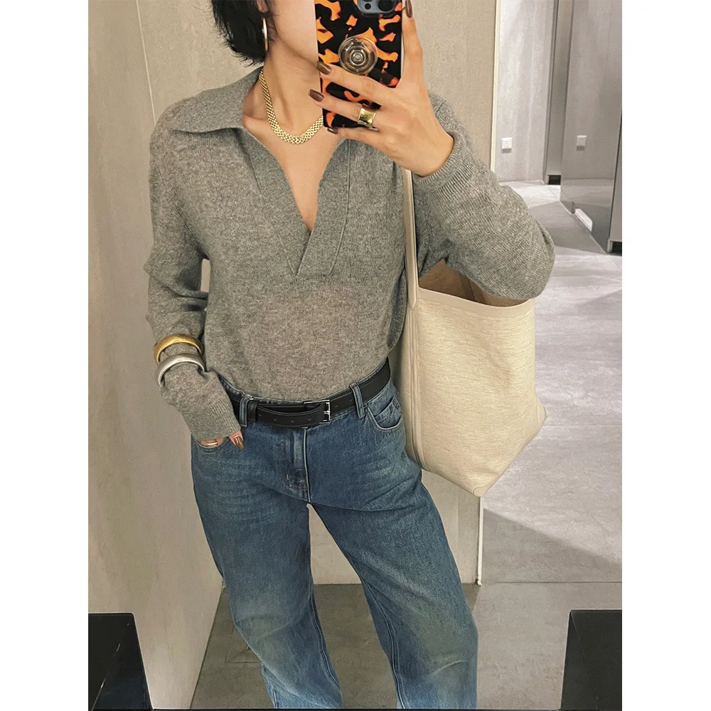 

High Quality! 2024 Early Autumn Vintage Slouchy Premium Simple Polo Neck Grey Cashmere Long Sleeve Knitted Sweater