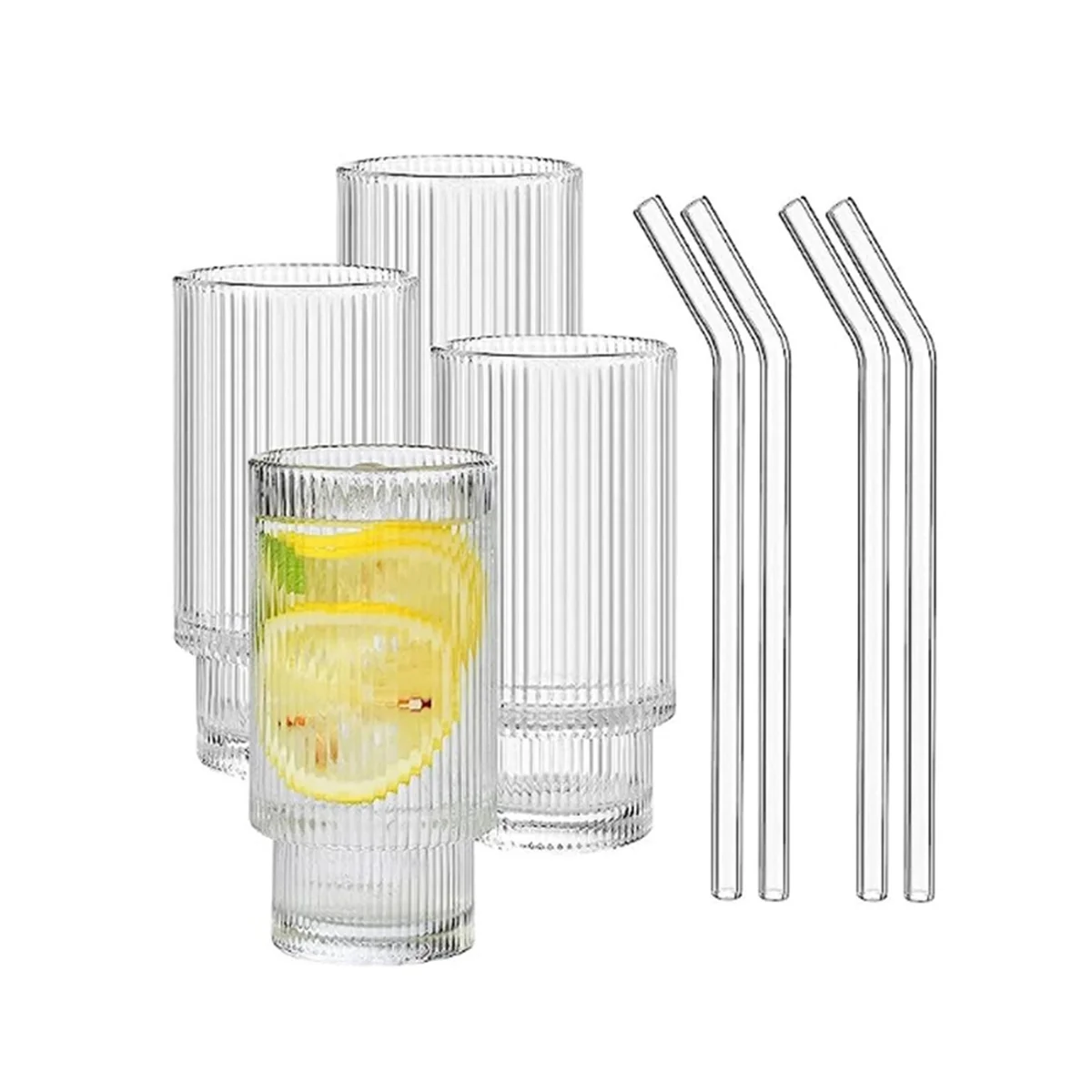 Ribbed Glass Cup, 11 oz Ribbed Drinking Glasses Glassware