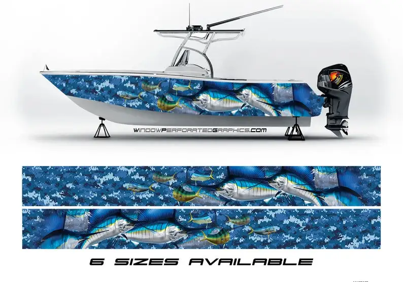 Marlin Fishes Blue Camo Graphic Boat Vinyl Wrap Decal Fishing Pontoon