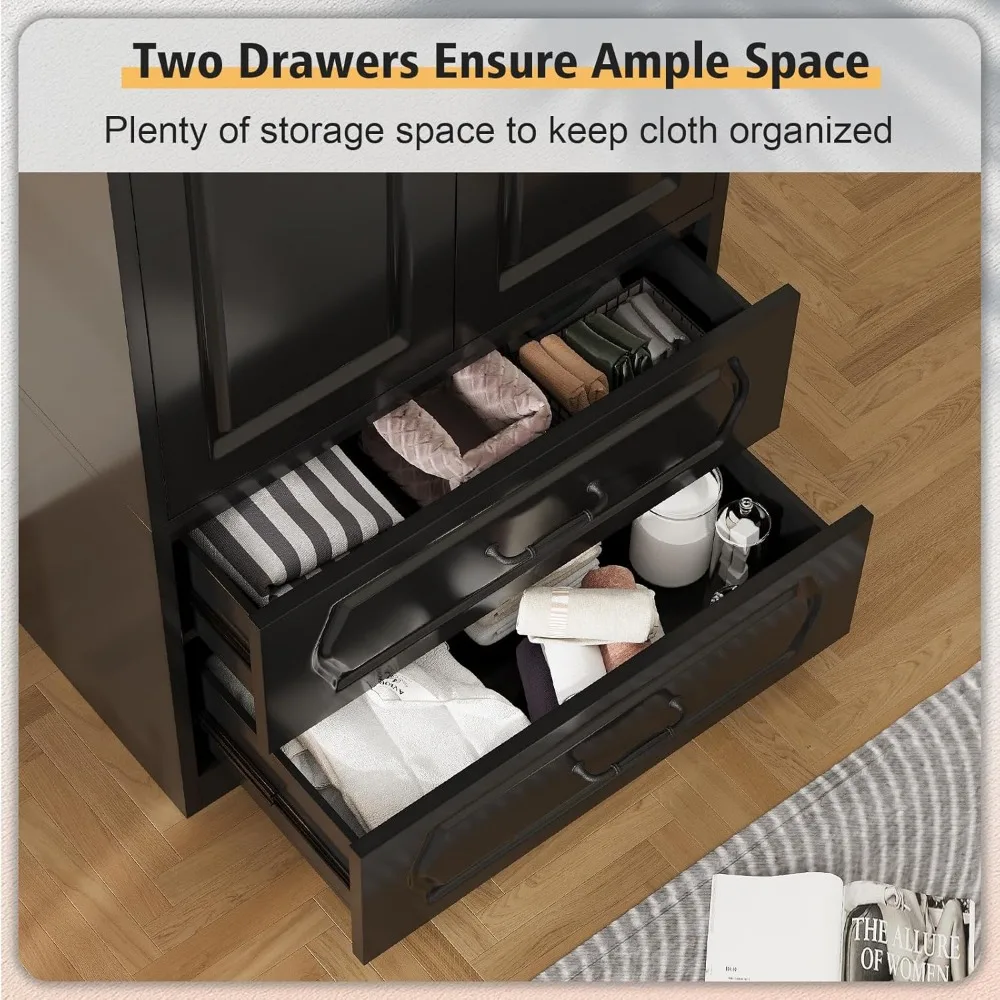 70" Wooden Wardrobe Closet with 2 Doors Drawer, Versatile Clothing Storage Cabinets with Hanging Rod, Black Children's Wardrobes 6