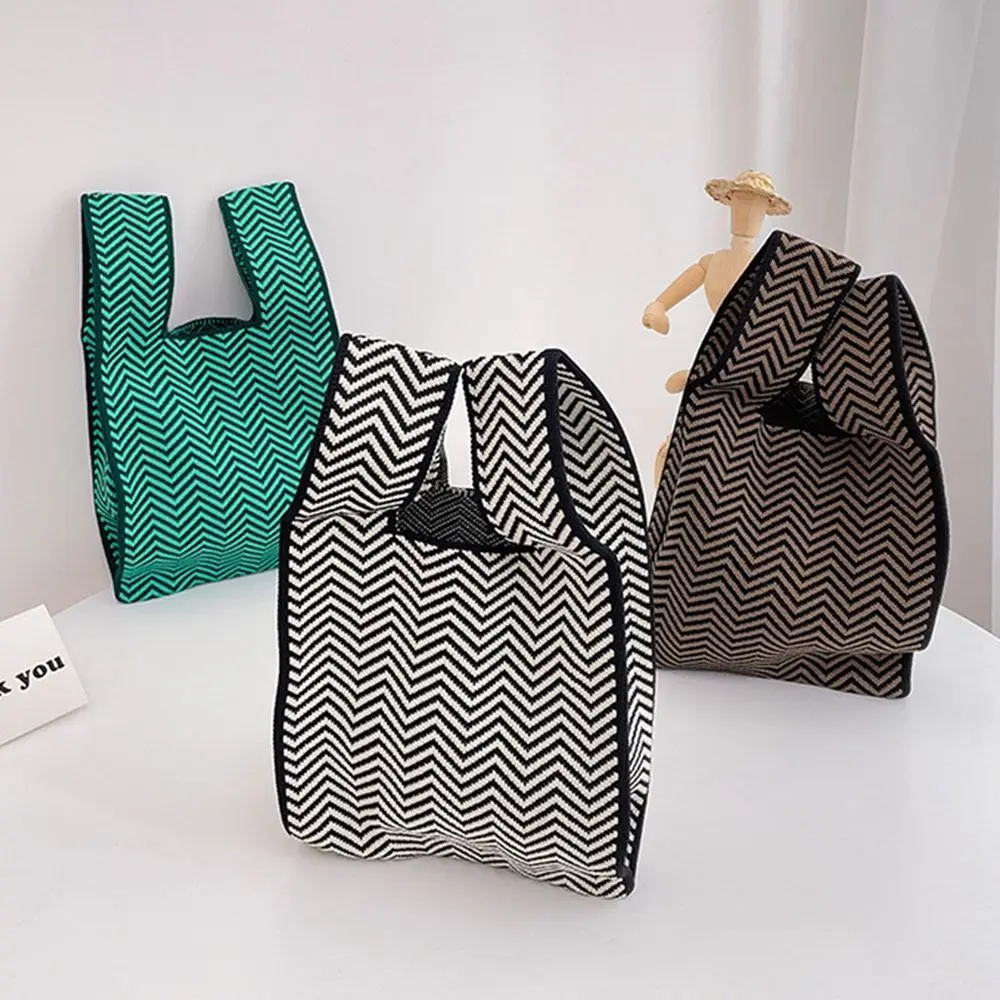 Plaid Nische Design lässig Farbe Einkaufstaschen Frauen Mädchen Einkaufstasche Strick Handtasche handgemachte Knoten Handgelenk Tasche – Detail 1