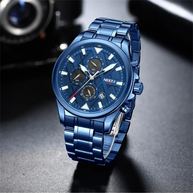 NIBOSI New Mens Watches Top Brand Luxury Chronograph Quartz Watch for Men Military Sport Stainless Steel Waterproof Wristwatches