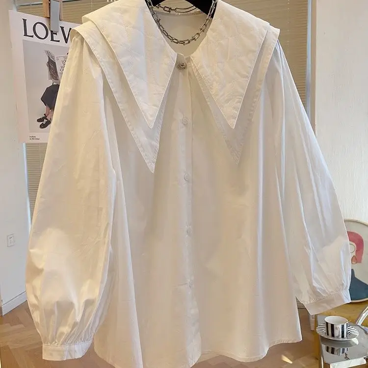 White Shirt Women's Large Autumn Top Jin Early Autumn Girl Double Layer French Doll Neck Shirt Long Sleeve