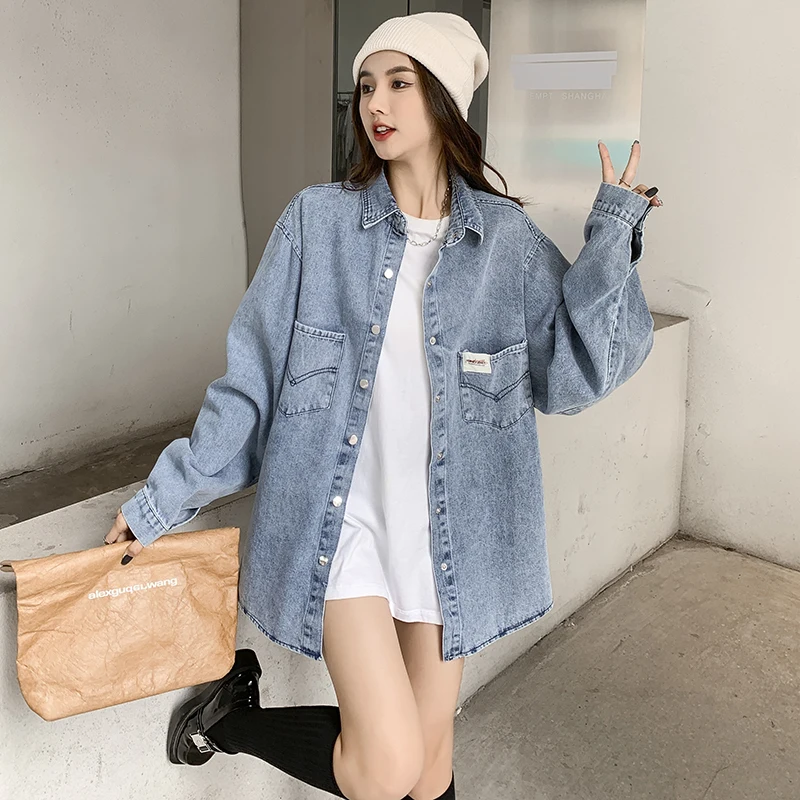 Spring Autumn Vintage Loose Women  Denim Long Sleeve Shirts  Simple  Fashion  All-match Z112