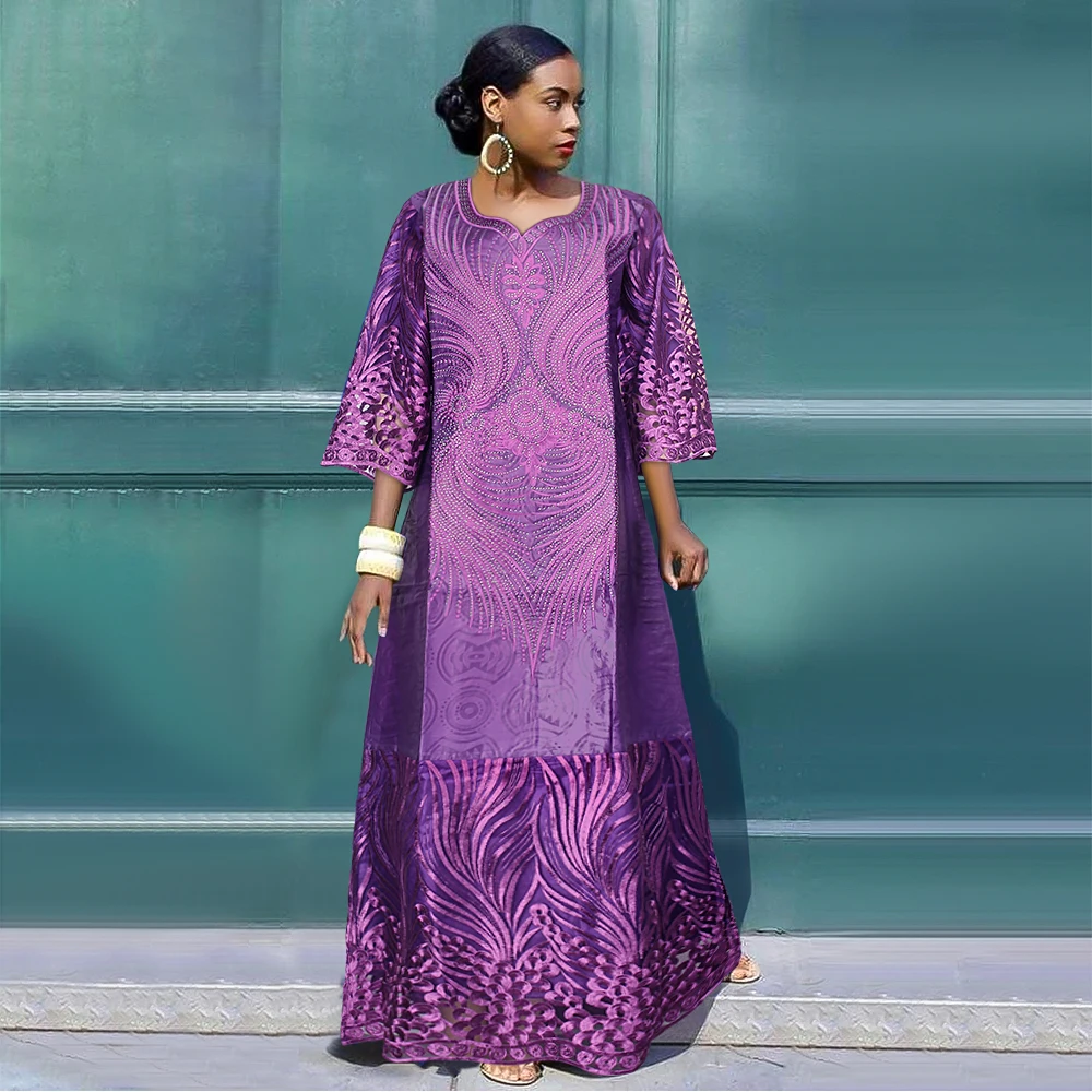 H&D African Dress for Women Traditional Bazin Purple Embroidery Lace Woman Dress Robe Femme Africain Wedding Party Occasion