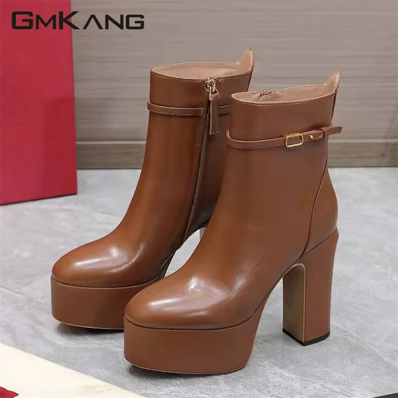 

Super High Heels Ankle Boots Women Runway Party Shoes Genuine Leather Round Toe Chunky Heels Short Boots Platform Boots Woman