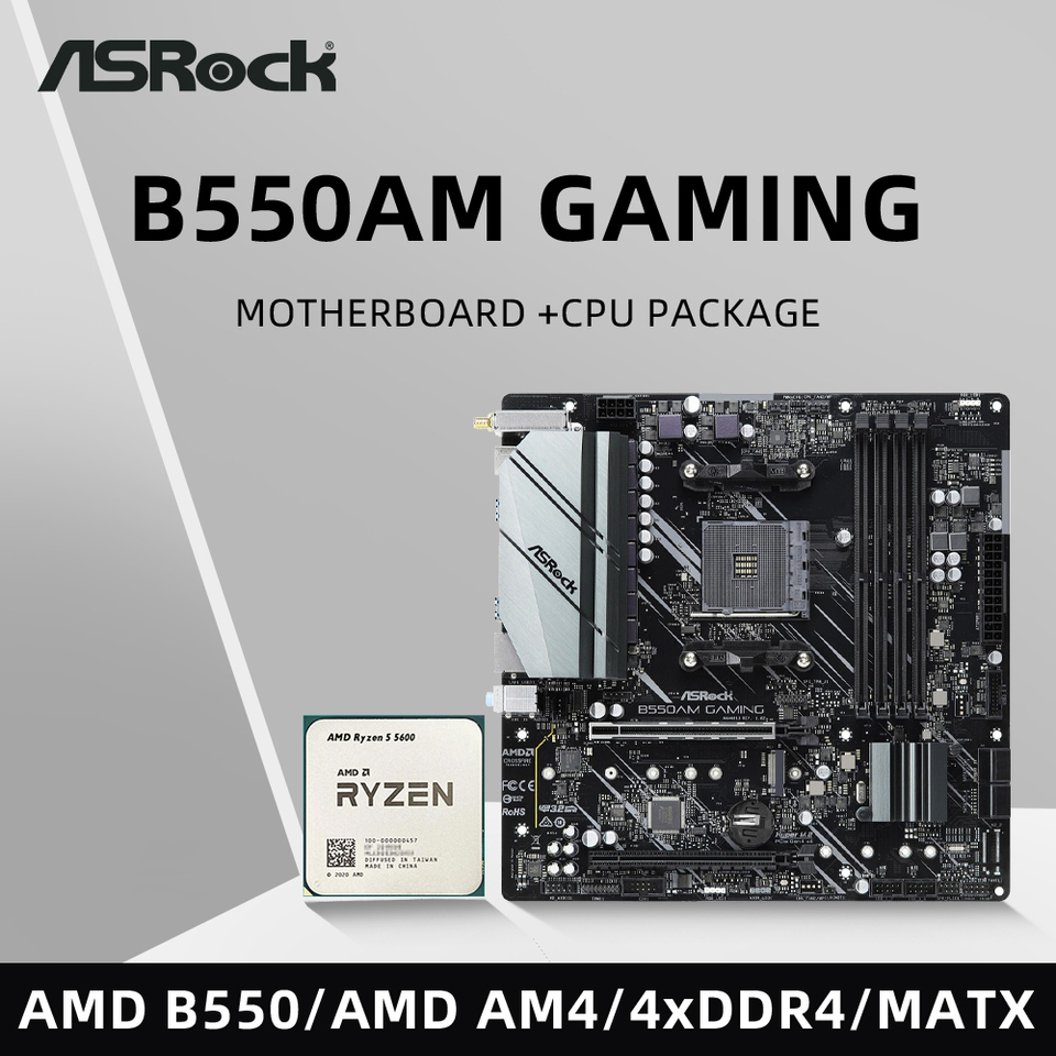 ASRock B550AM GAMING Motherboard Set Kit with Ryzen 5 5600 CPU 4xDDR4 M.2 NVME HDMI AMD B550 Support 5700x3D mATX AM4 Mainboard