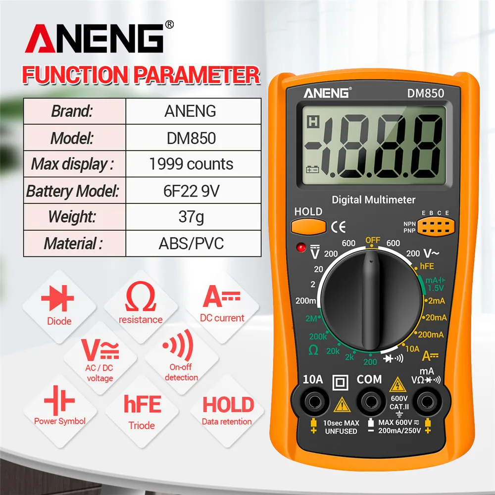 DM850 Eletric Multimetro Digital Professional 1999 Counts Multimeter AC/DC Tester Ohm Current Voltmeter Ammeter Detector Tool