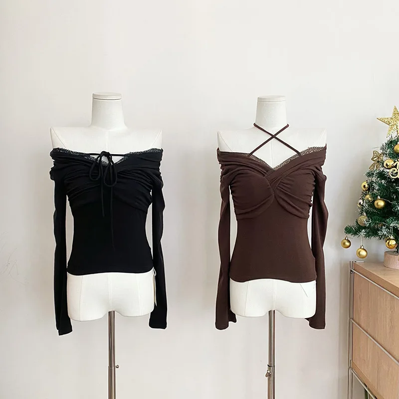 

Y2k эстетичная модная пикантная футболка с длинным рукавом с открытыми плечами элегантный стильный однотонный плиссированный пуловер с воротником-лодочкой уличный Топ