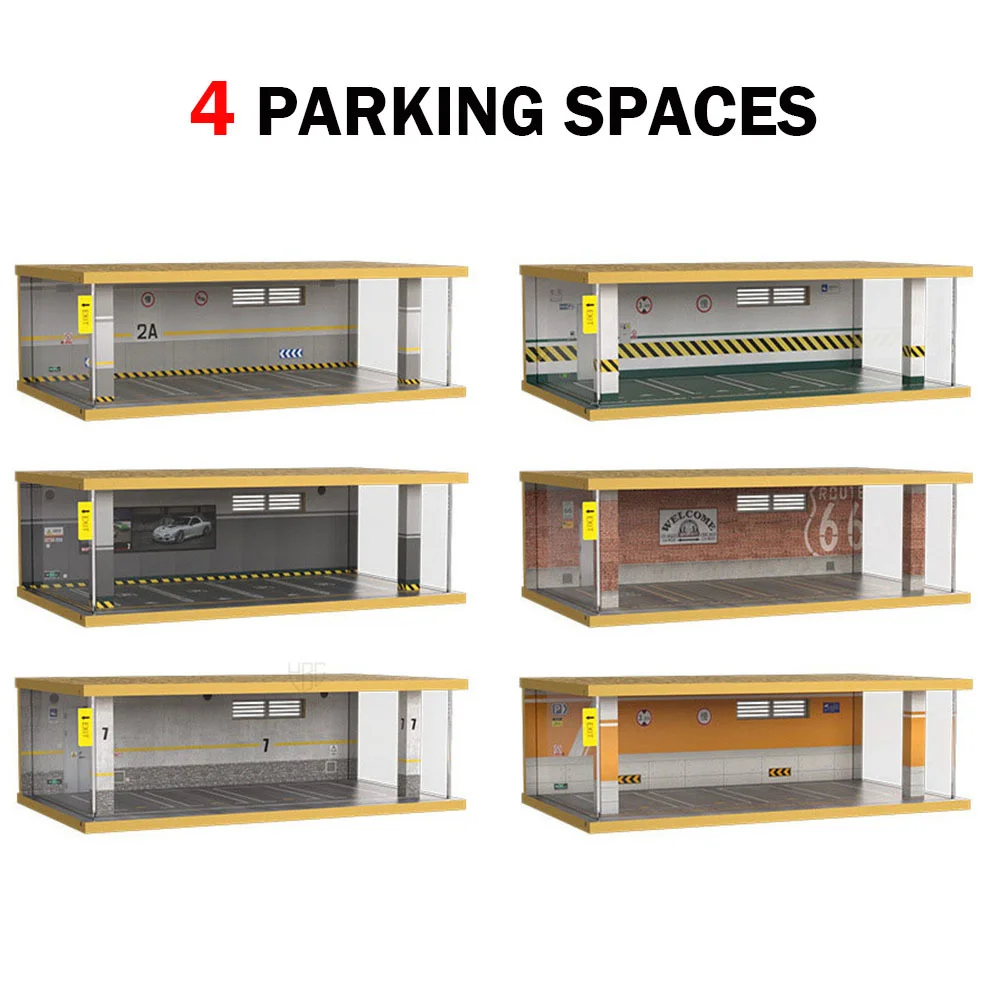 

1/32 4 Spaces DIY Display Box Toy Car Model LED Light Wooden Parking Lot Acrylic Plastic Box Dust Cover For 1/32 Vehicle Models