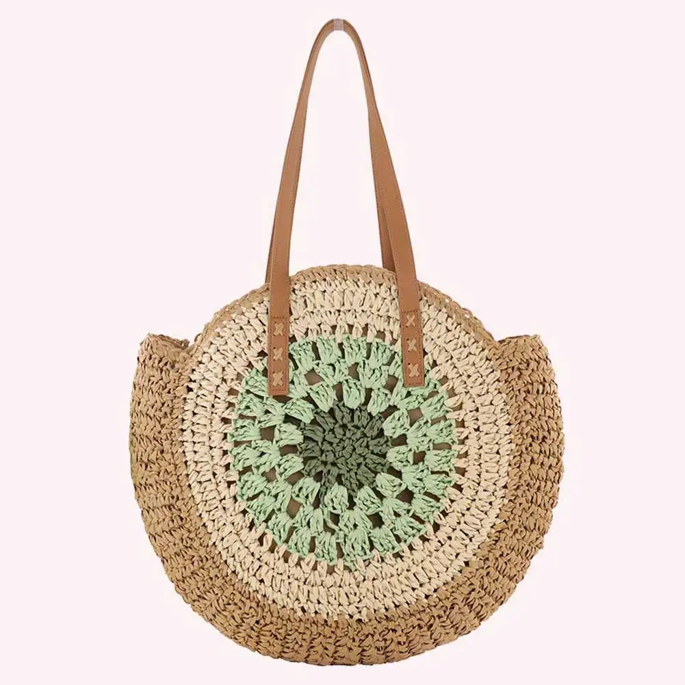 Round Summer Straw Bag with Color Collision Beach Shoulder Bag Large Woven Beach Bag Holiday Travel Handbag for Women and Girls