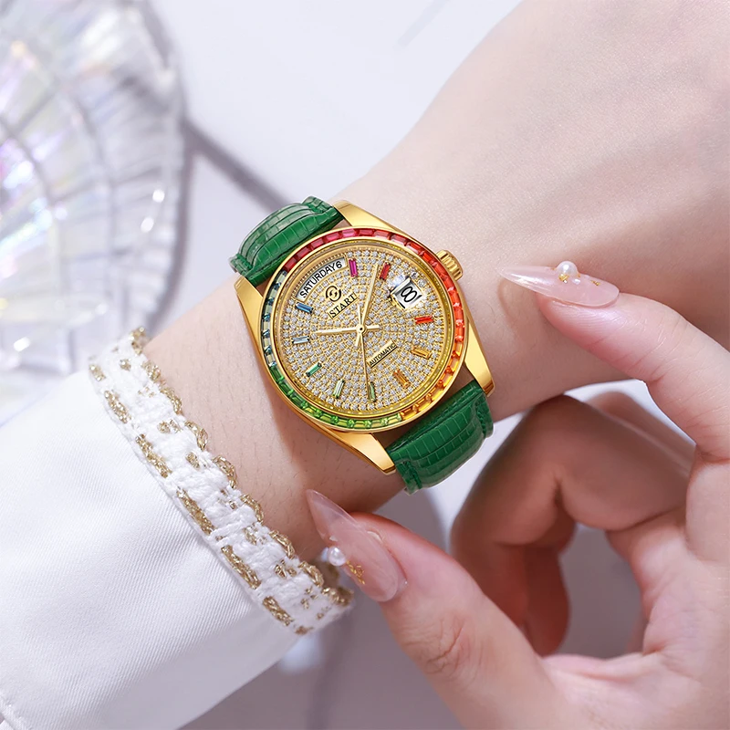 【START】Rainbow Diamond Watch Men's and Women's Watch Mechanical Watch 36MM Unisex Size Lizard Leather Strap Week Function