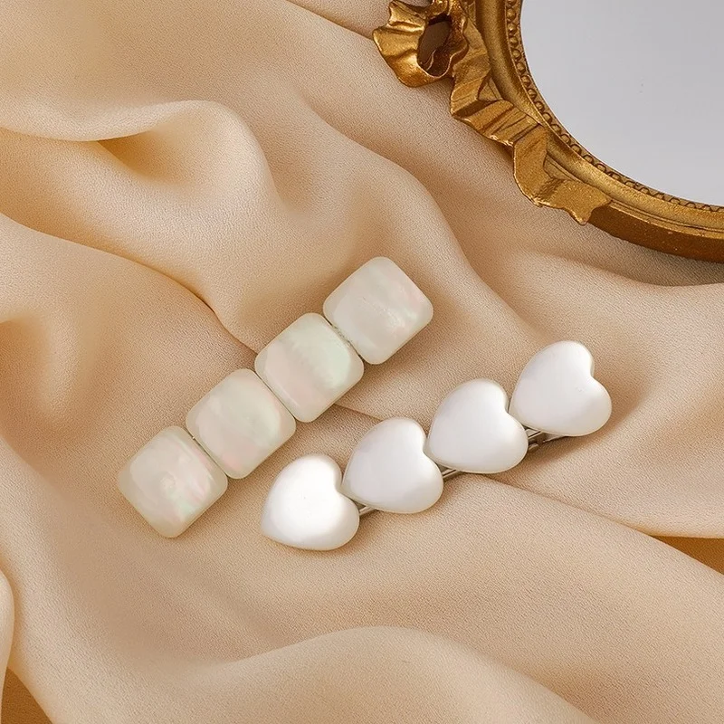 

VSnow Simple Opal Shell White Color Love Heart Barrettes for Women Temperament Square Geometric Party Metal Hair Accessories