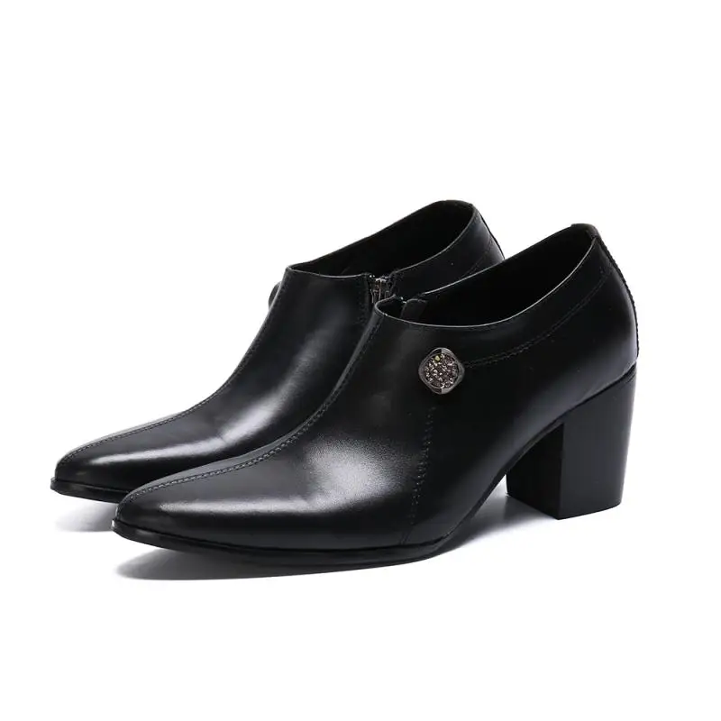 8cm high heels, men's leather shoes with pointed zippers, black leather shoes, men's designers, stage performances, parties