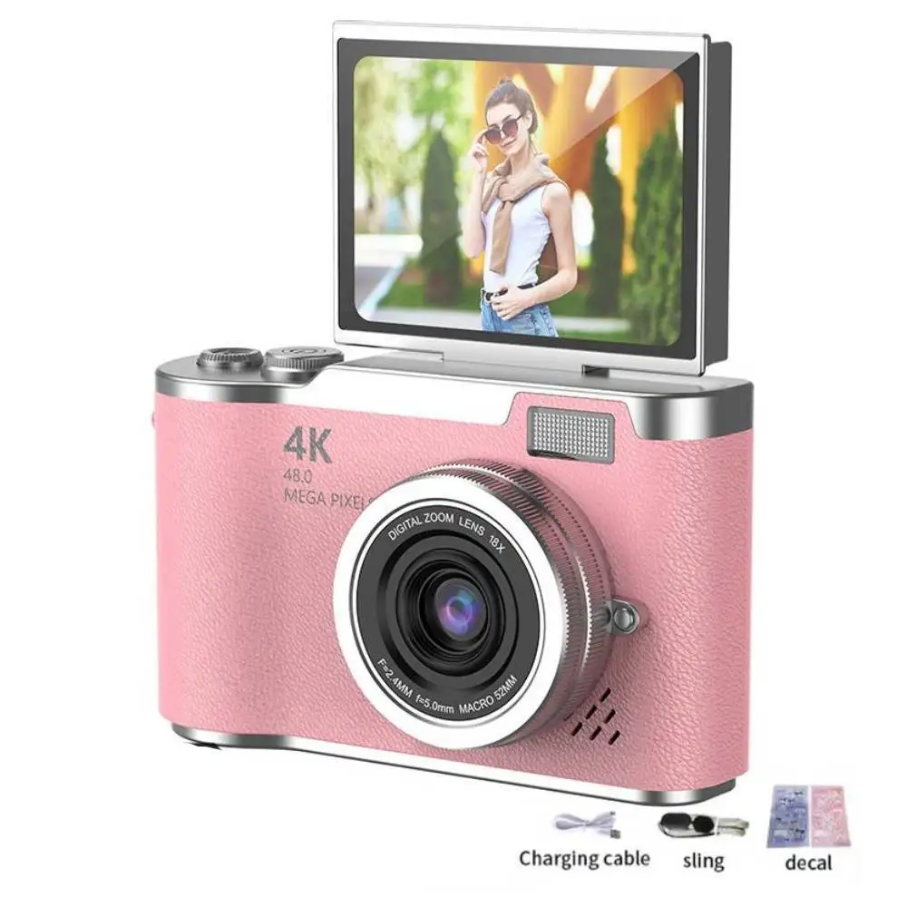 Cámara digital 4K CCD 180 ° Cámara Selfie con pantalla abatible, Zoom Digital 8X, cámara de fotografía Digital portátil de 48MP con tarjeta 32G