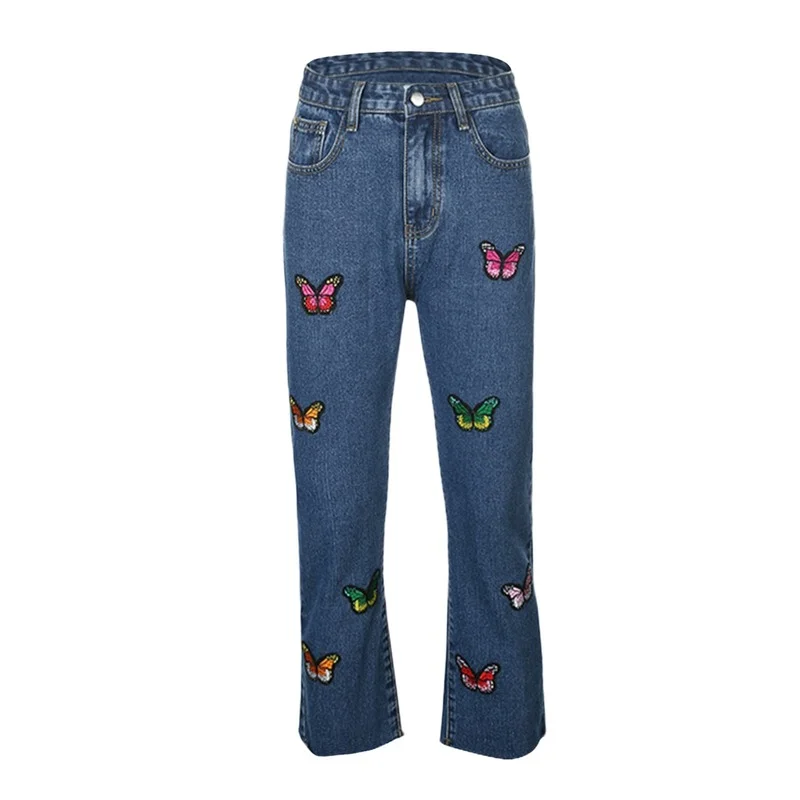 Women Spring Autumn Loose Comfortable Denim Pants 2024 High Waist Slim Butterfly Embroidered Straight Casual Classic Jeans Pop