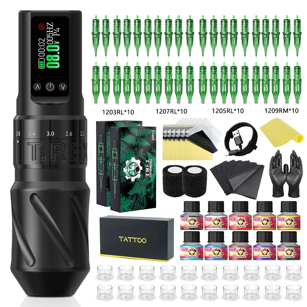 Tattoo Kit T-Rex Cordless Tattoo Pen Kit Permanent Makeup Machine Adjustable 7 Stroke Length Power Gun tattoo supplies tattoo kit