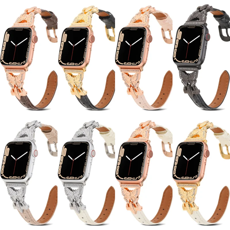 

Fhx-16c Applicable to Apple applewatch5/6/7/8/SE leather butterfly jewelry women's metal strap 38 40 41 42 44 45mm strap