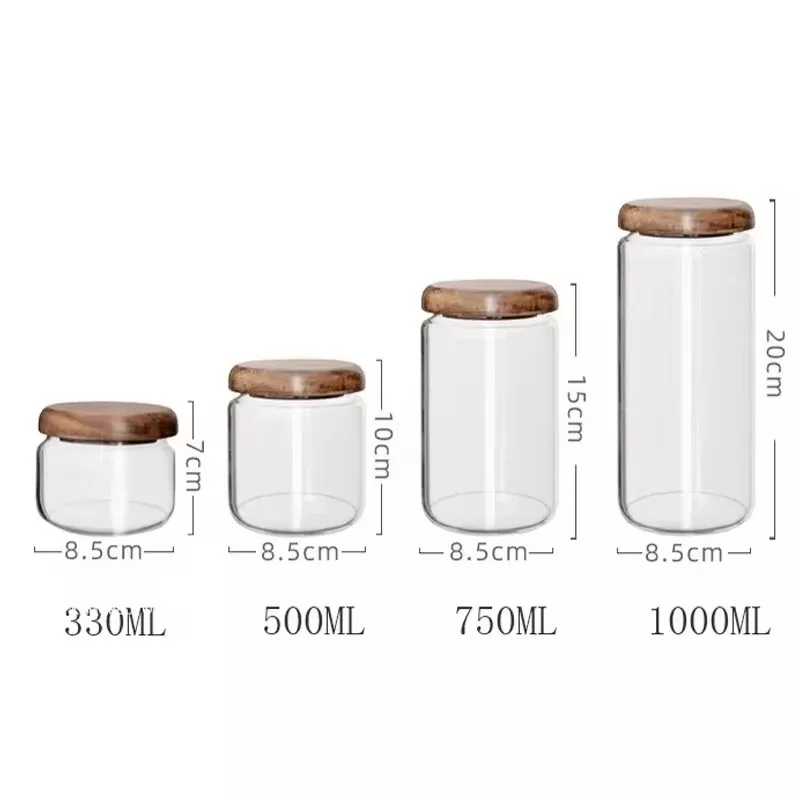KEMORELA 330/500/750/1000ML Glass Storage Jar with Wooden Lids Countertop Seasoning Bottle Spice Jar Tea Candy Rice Pepper Jar 6