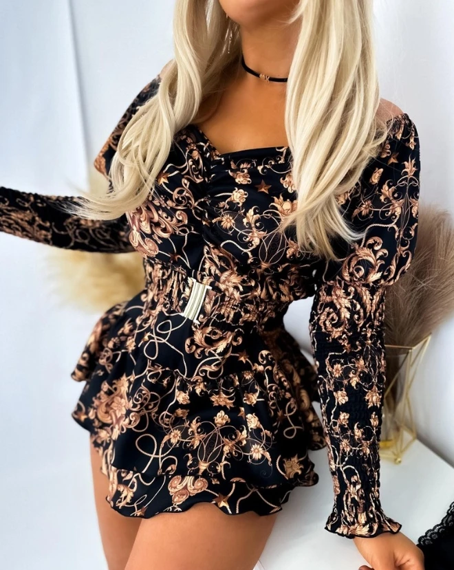 

Romper for Women New Sping Sexy V-Neck Mini Above Knee Jumpsuit Baroque Print Shirred Long Sleeve Romper y2k clothing streetwear