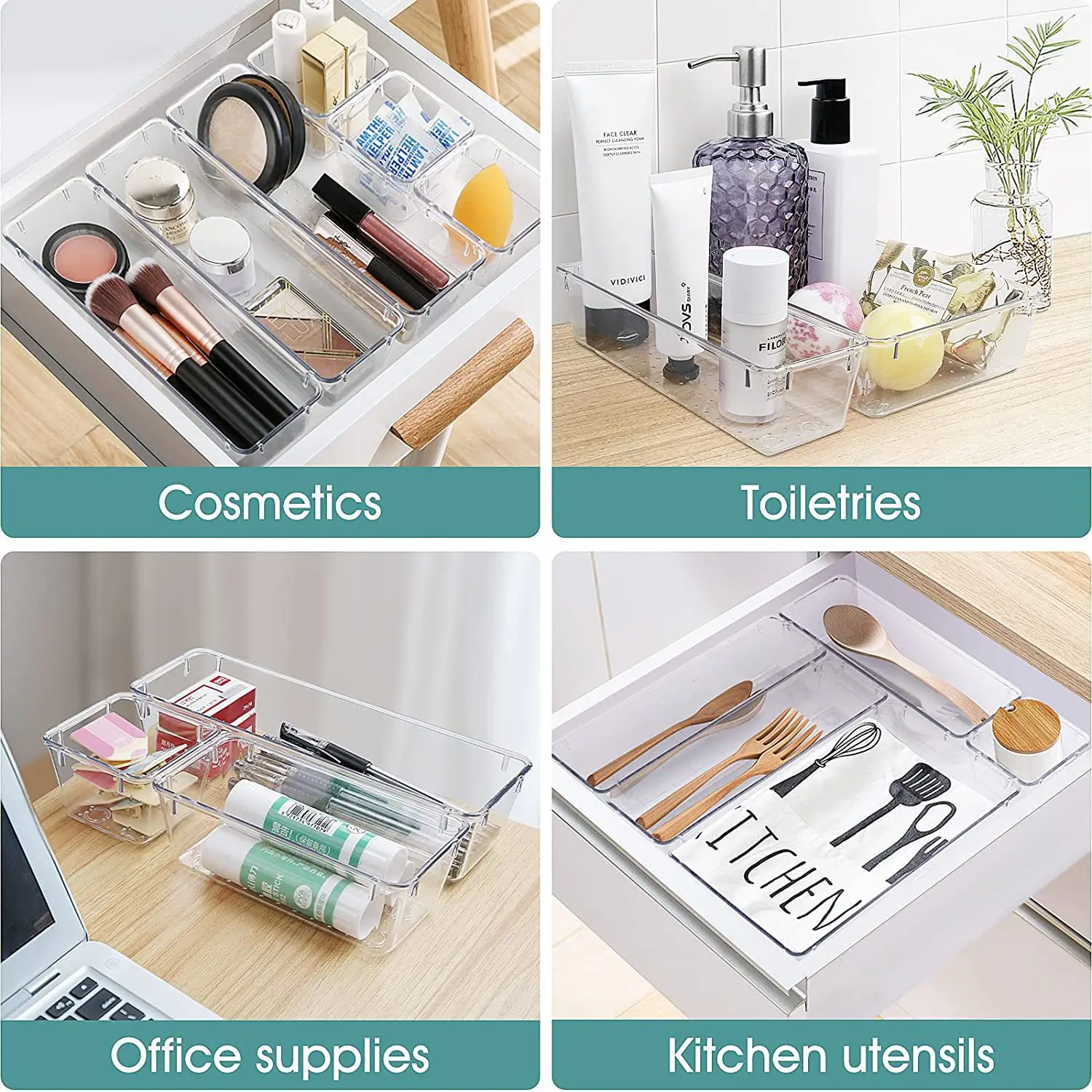 Description Picture 5 of item5Pcs Drawer Organizers Set Clear Plastic Desk Dividers Bins Bedroom Dresser Office Storage Box for Makeup Jewelries Gadgets