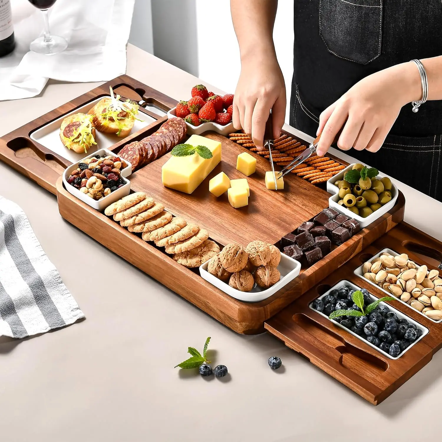 Acacia Cheese Board Set, Square Shaped Charcuterie Set, Cheese Platter, Handcrafted Design and Stainless Steel Cutlery Set