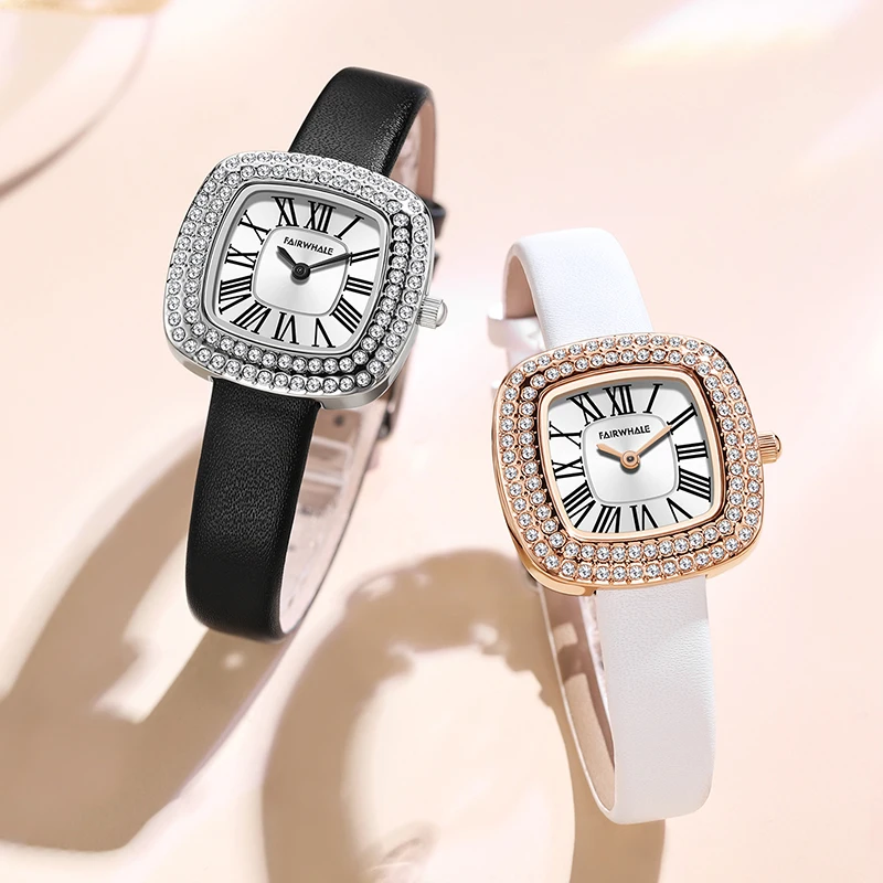 

Mark Fairwhale Quartz Mechanical Leather Strap Waterproof Square Diamond Dial Temperament Ladies Watch 2022