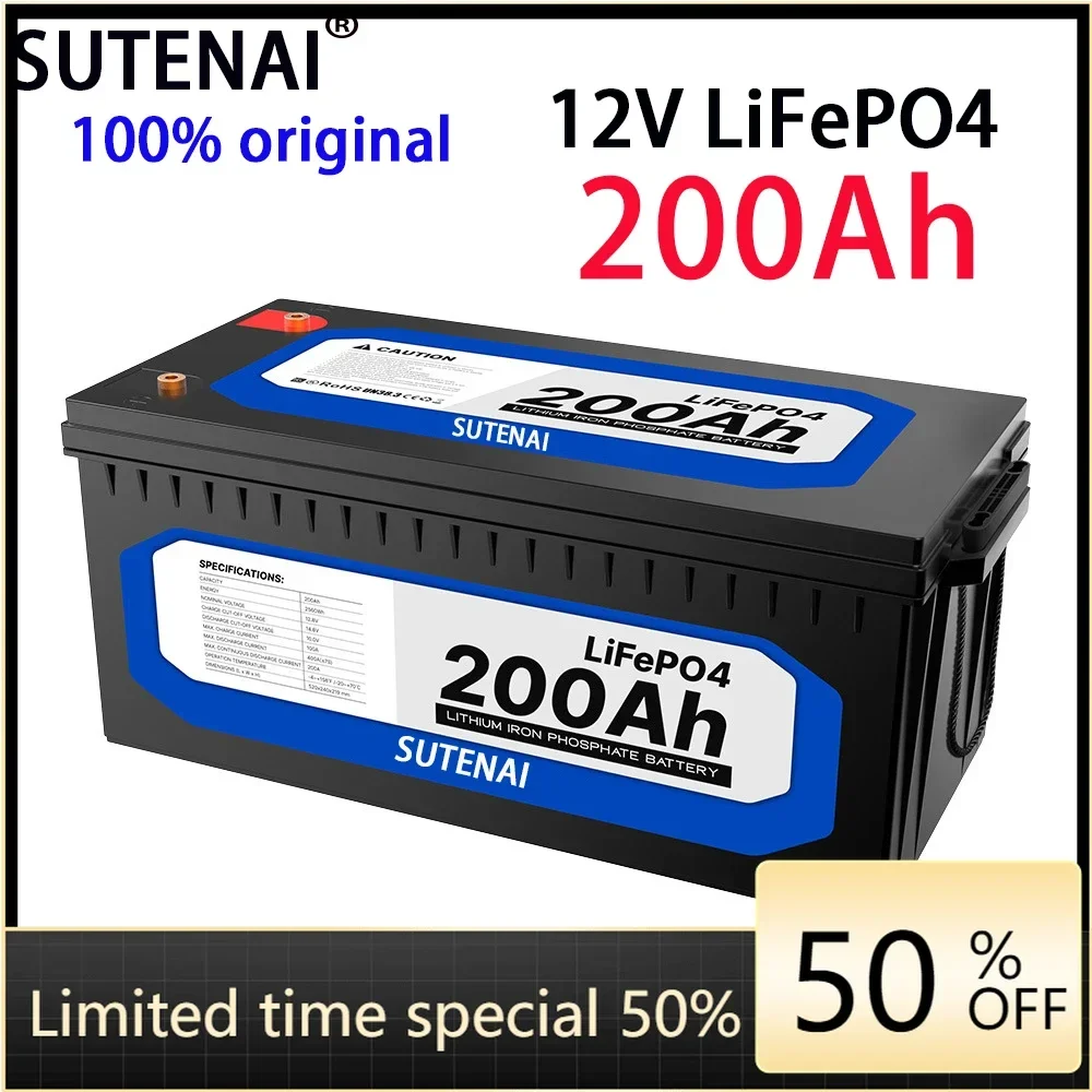 

12V 200Ah LiFePO4 Battery Built-in BMS Lithium Iron Phosphate Cell For RV Campers Golf Cart Off-Road Off-Grid Solar With Charger